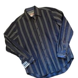 Robert Graham Windsor Men's Striped Navy Dress Button Down Shirt Large